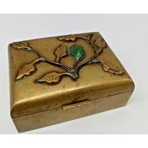 Vintage Brass Trinket/Jewelery Box with Floral design and Jade stone